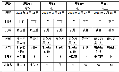 大邑县妇幼保健计划生育服务中心春节门诊值班表